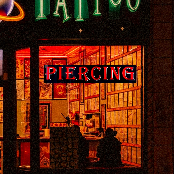 Tattoo Parlor signs commonly pierce and advertise with an LED window sign in the front window of store
