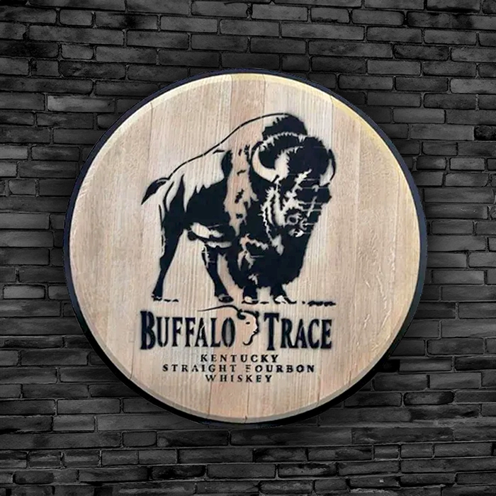 Buffalo-Trace-Kentucky-Straight-Bourbon-Whiskey-Woodburn-Stump-Non-Illuminated-Sign-01 Buffalo Trace Kentucky Straight Bourbon Whiskey wood burned sign against a brick wall