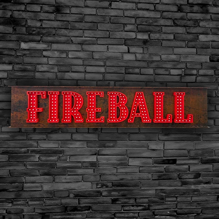 Fireball Lettering only on a wood beam non illuminated hanging sign against a brick wall