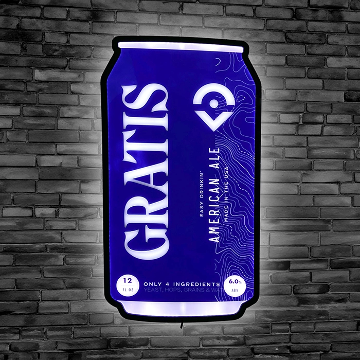 Gratis American Ale Beer Can Custom LED Neon sign against black brick wall