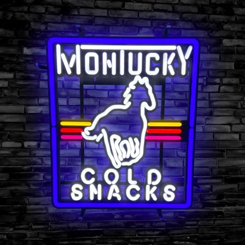 Montucky Cold Snacks Stallion horse logo LED Neon bar sign against black brick wall