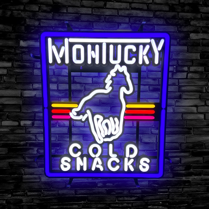 Montucky-LED-Signs-02 Montucky Cold Snacks Stallion horse logo LED Neon bar sign against black brick wall