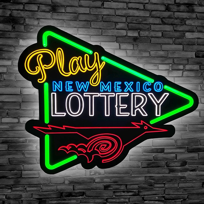 Play New Mexico Lottery Custom LED Sign against black brick wall