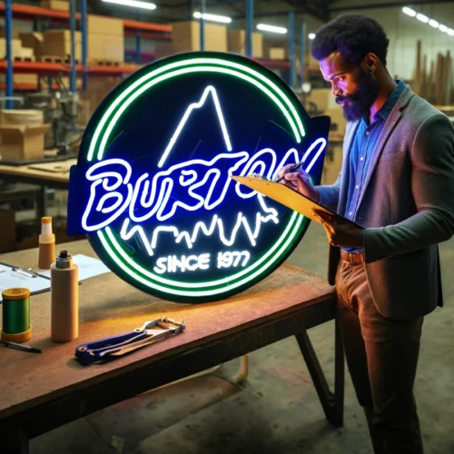 Brite-Idea-Displays-Top-Quality-Assurance-Burton-Brew-Ale-Neon-Sign-700x700-06 A man is inspecting a sign for custom signage solutions for Burton Ales.