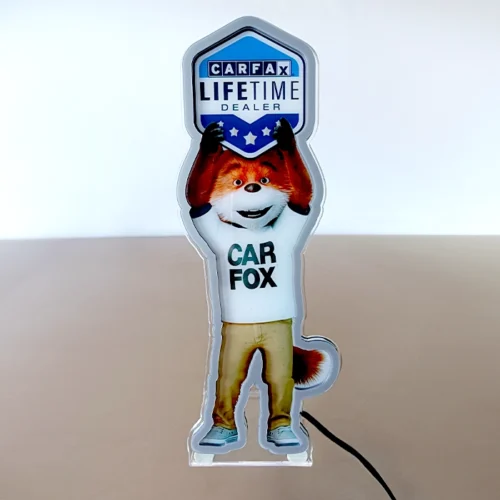 A car fox proudly displaying a high quality non-illuminated sign that reads "car fox.