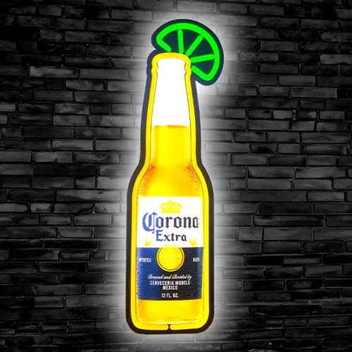 A bottle of corona beer with a lime on it, perfect for LED neon signage.