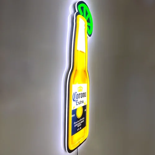 A LED neon sign of a bottle of Corona Extra beer. A Modelo company