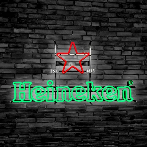 Heineken Beer Custom LED neon sign on a brick wall.