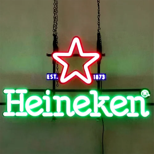 wholesale custom made LED neon signage of Heineken hanging from the ceiling.