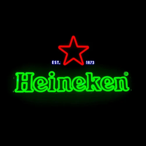 Custom LED neon sign of Heineken on a black background.