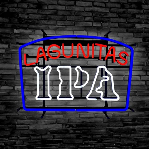 Lagunitas IPA Beer Neon sign against a black brick wall
