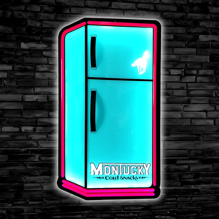 A customized LED sign of a neon refrigerator with the word Montucky Cold Snacks on it,