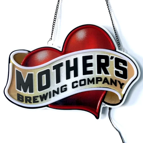 A mother's custom LED neon sign hanging from a chain.