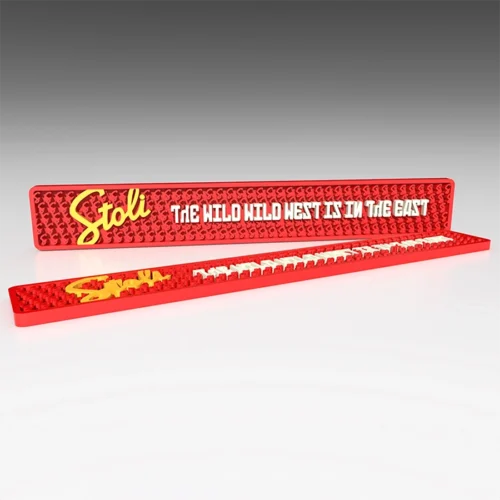 A high quality non-illuminated red and yellow Stoli Vodka bar Mat.