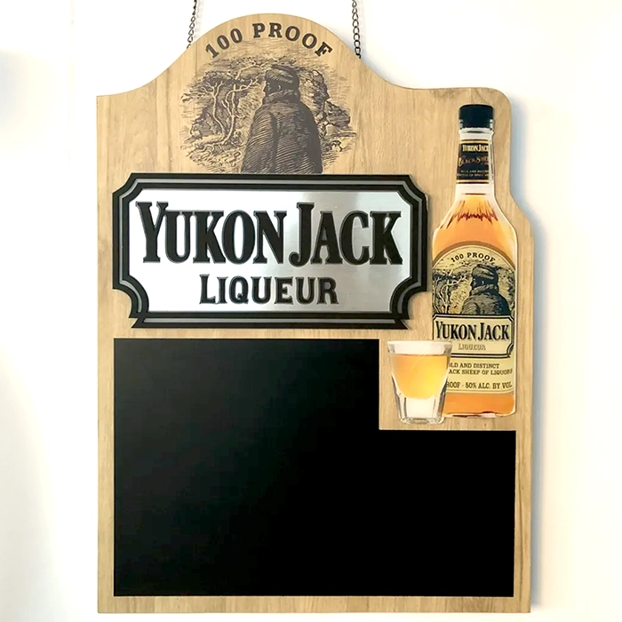 A **high quality non-illuminated sign** with a bottle of liquor and a shot of liquid.