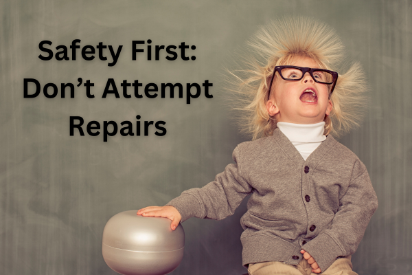 A boy sits with electical charge making his blonde hair stand on end warning people not to attempt power cord repairs in this LED Sign Troubleshooting Guide.