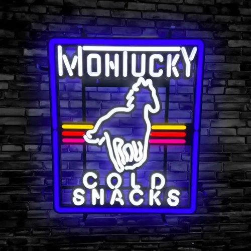 Montucky Cold Snacks Stallion horse logo LED Neon bar sign against black brick wall